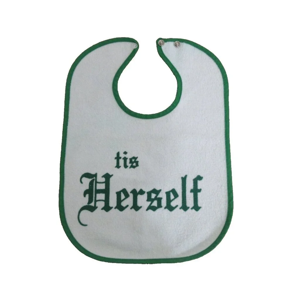 Tis Herself Baby Bib St. Patrick's Day White Terrycloth w/ Green Trim Snap Back